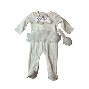 First Impressions Baby Girls 2-Piece White Romper & Headband Set Sz 6-9M-NEW